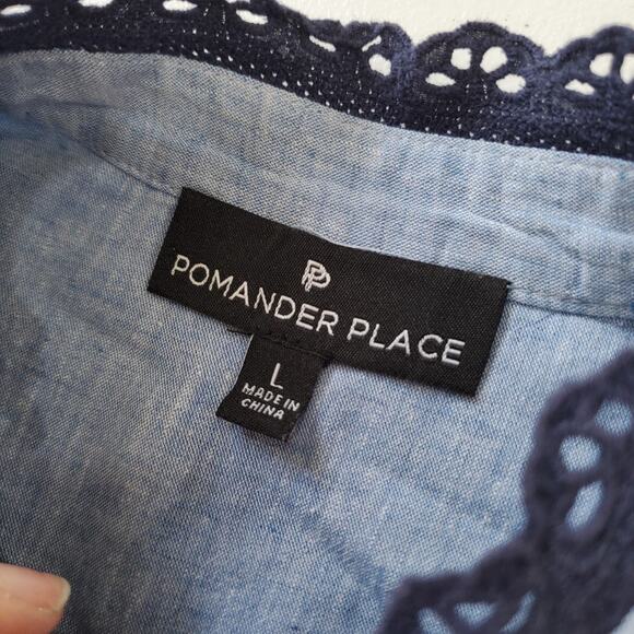 Pomander Place Jolene Dress Womens Large Blue Chambray Lace Trim Button Front - Picture 4 of 7